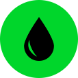 Ilustração de um ícone de gota preto em fundo verde arredondado.