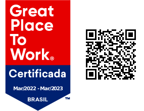 A imagem exibe o selo do certificado Great Place to Work, reconhecendo a empresa como um excelente local para se trabalhar, com um QR Code ao lado que possibilita a verificação autêntica e confiável do certificado.